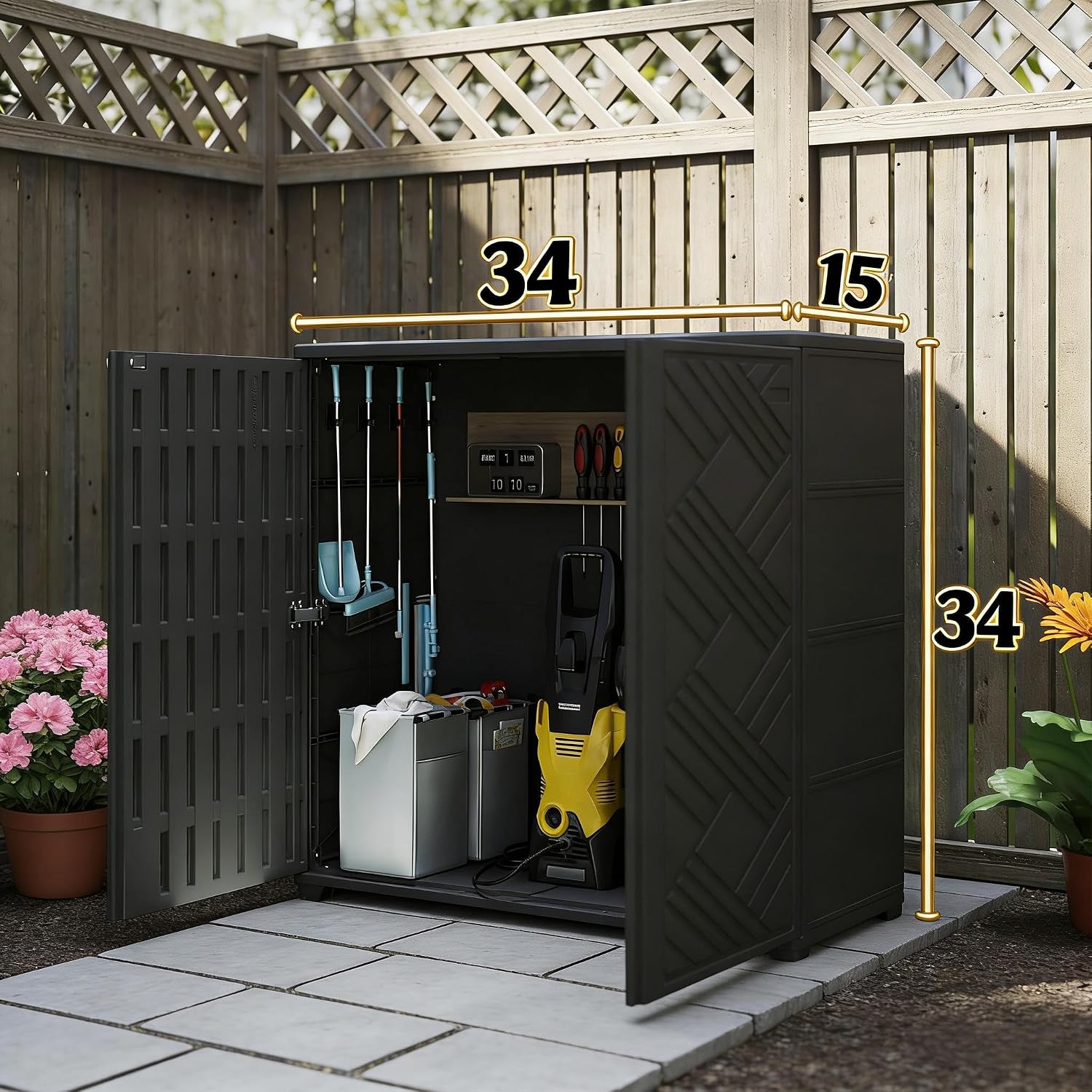 Outdoor Storage Cabinet with Lockable Doors, Portable Horizontal HDPE Plastic Storage Shed, Outdoor Waterproof Storage Cabinet for Pool Storage, Garden Shed, Black