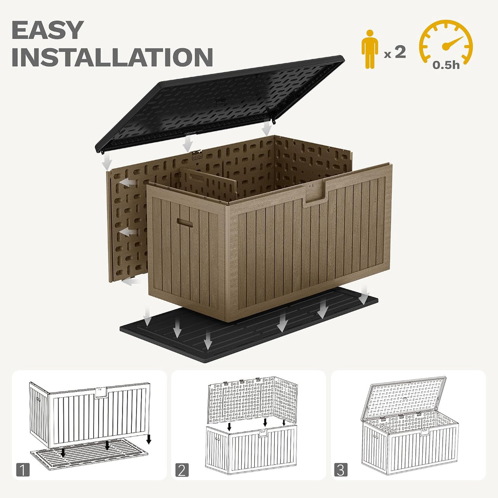 DWVO 260 Gallon Double-Wall Deck Box with Divider, XXL Extra Large Resin Outdoor Storage Box, Lockable & Waterproof, Double as Seating, 1000lbs Capacity (Black&Brown)