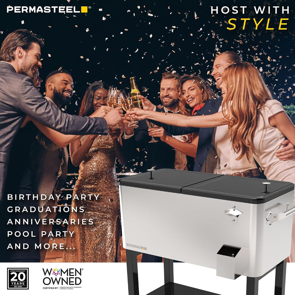 Permasteel Party Cooler with Divider, Removable Basin, Spacious 80-Qt Capacity, Chills 36hrs, Serving Tray, Rolling Ice Chest for Indoor & Outdoor
