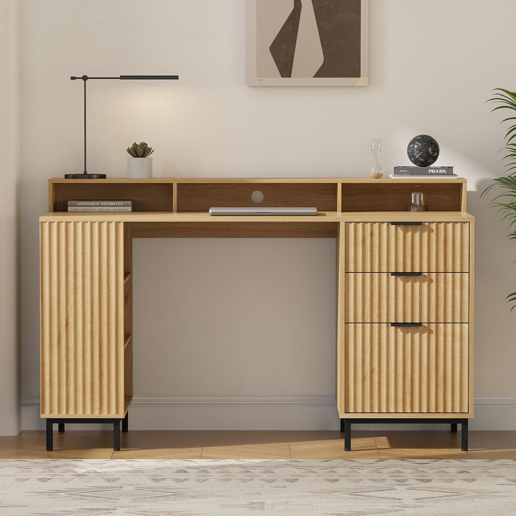 EYYTHUNG Fluted Executive Desk with Charging Station, 55' Modern Wood Office Desk with Monitor Stand & File Drawer, Home Writing Study Computer Table for Work Study, Natural Oak