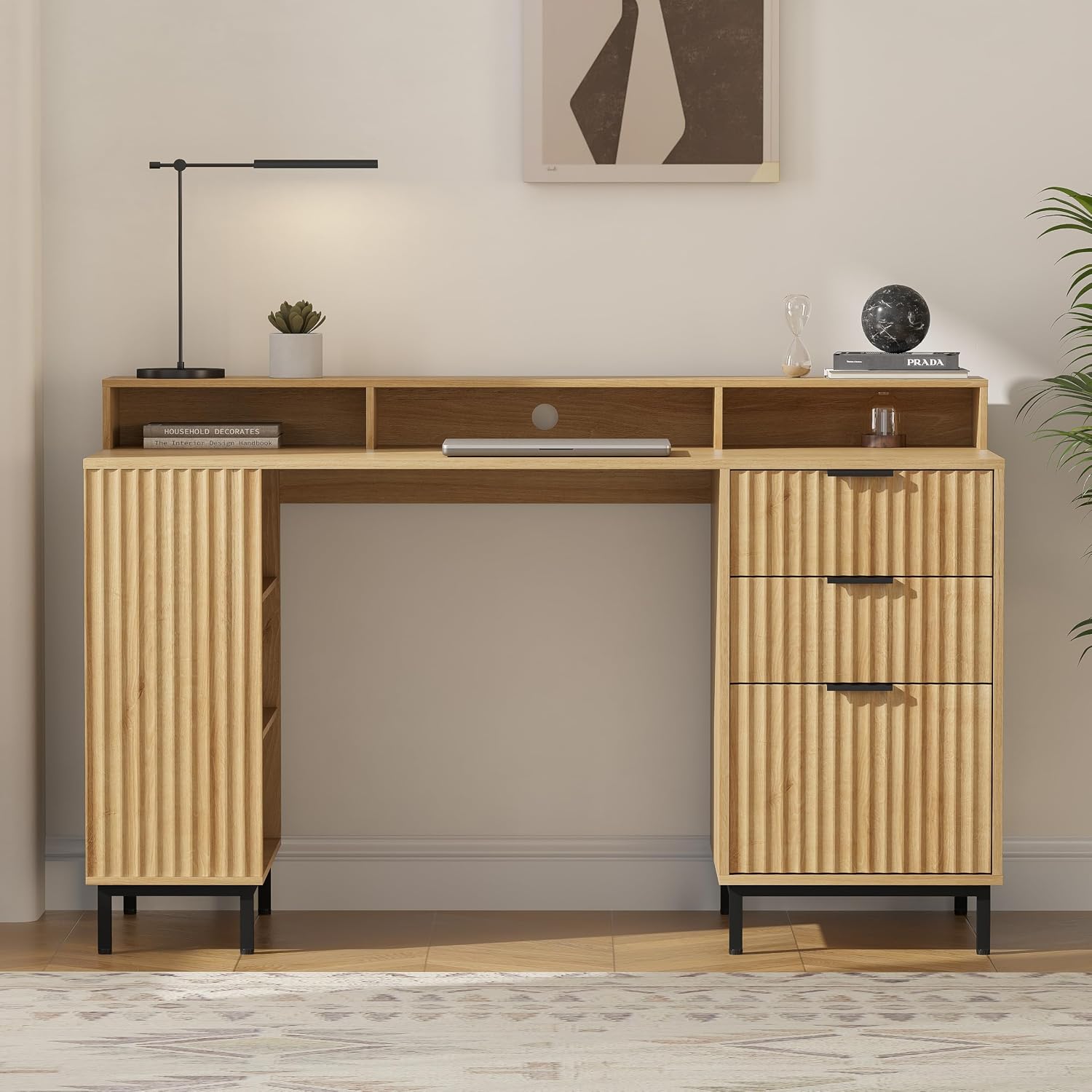 EYYTHUNG Fluted Executive Desk with Charging Station, 55' Modern Wood Office Desk with Monitor Stand & File Drawer, Home Writing Study Computer Table for Work Study, Natural Oak