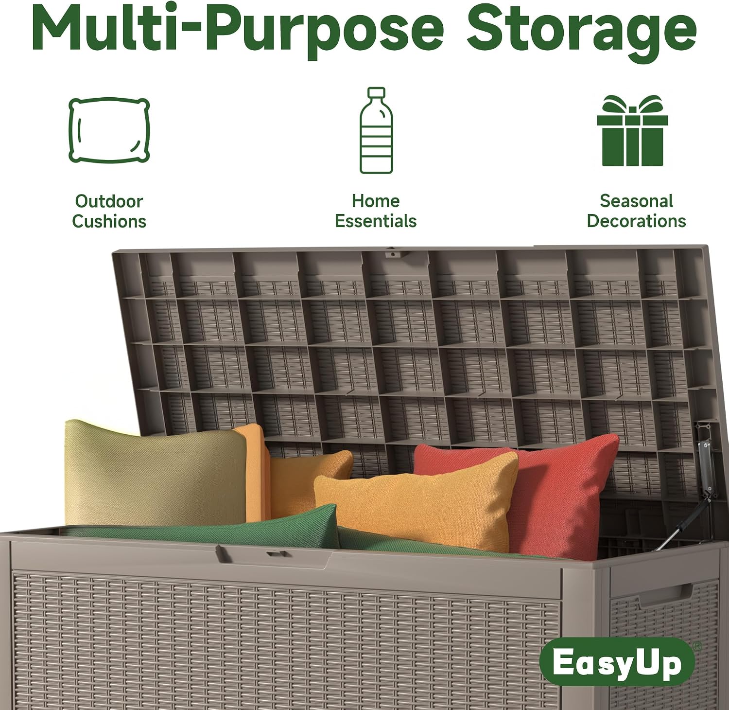 EasyUp 120 Gallon Outdoor Storage Box Waterproof, UV Resistant Resin Deck Box with Hydraulic Rod, Reinforced Stability for Patio, Garden, Rattan Gray