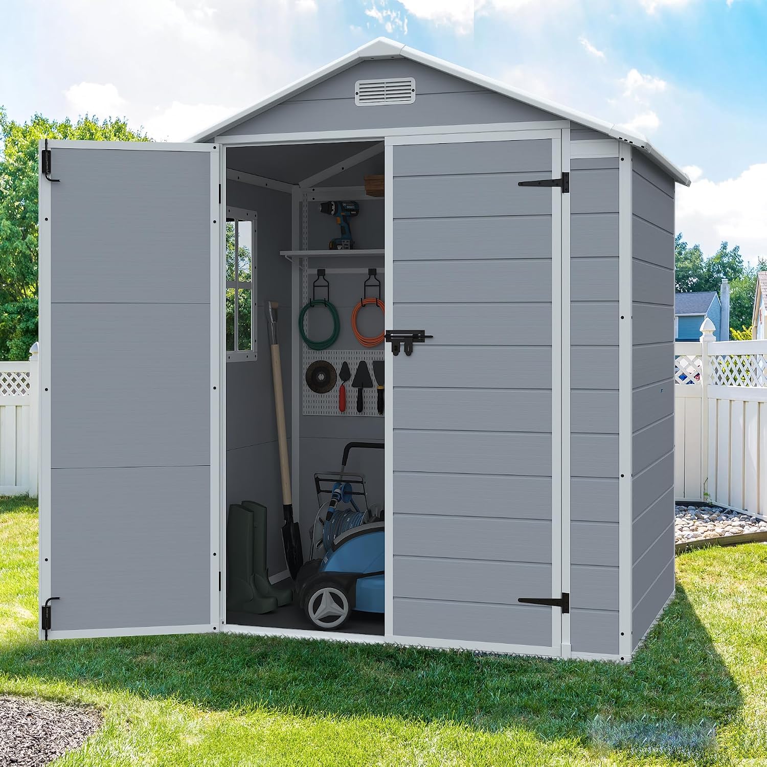 JUMMICO Plastic Outdoor Storage Shed, 6 x 4 FT Resin Shed with Floor and Lockable Door, Outside Waterproof Garden Tool Sheds for Patio Backyard Lawn, Gray