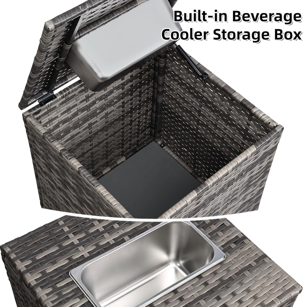 FHFO 4 Piece Outdoor Patio Furniture Set with Built-in Beverage Cooler Storage Box, Wicker Conversation Sets Patio Outdoor Loveseats & Coffee Table for Outside, Garden, Balcony, Porch, Grey/Blue