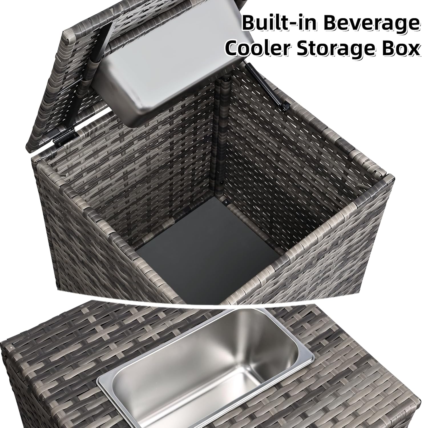 FHFO 4 Piece Outdoor Patio Furniture Set with Built-in Beverage Cooler Storage Box, Wicker Conversation Sets Patio Outdoor Loveseats & Coffee Table for Outside, Garden, Balcony, Porch, Grey/Blue