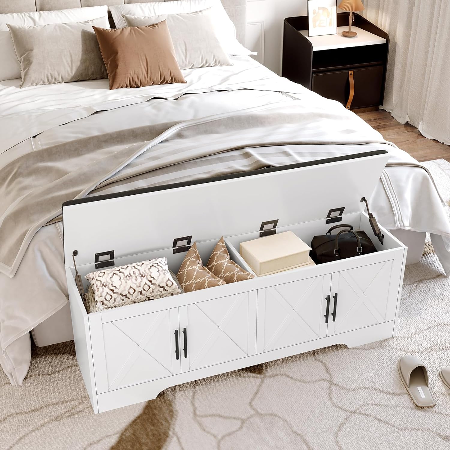 DreamDashio Farmhouse Storage Bench with Lift Top Storage, 47.2' Entryway Bench with Cushioned Seat, End of Bed Bench, Wooden Storage Chest Trunks, for Entryway, Bedroom, Living Room,White