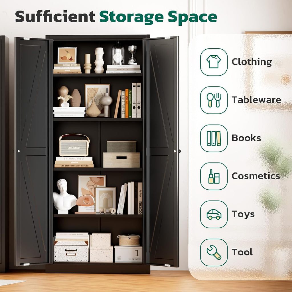 Greenvelly Metal Cabinet, 63' H Black Metal Storage Cabinet with Doors and 4 Shelves, Pantry Storage Cabinet for Kitchen, Bedroom, Living Room, Office (Farmhouse)
