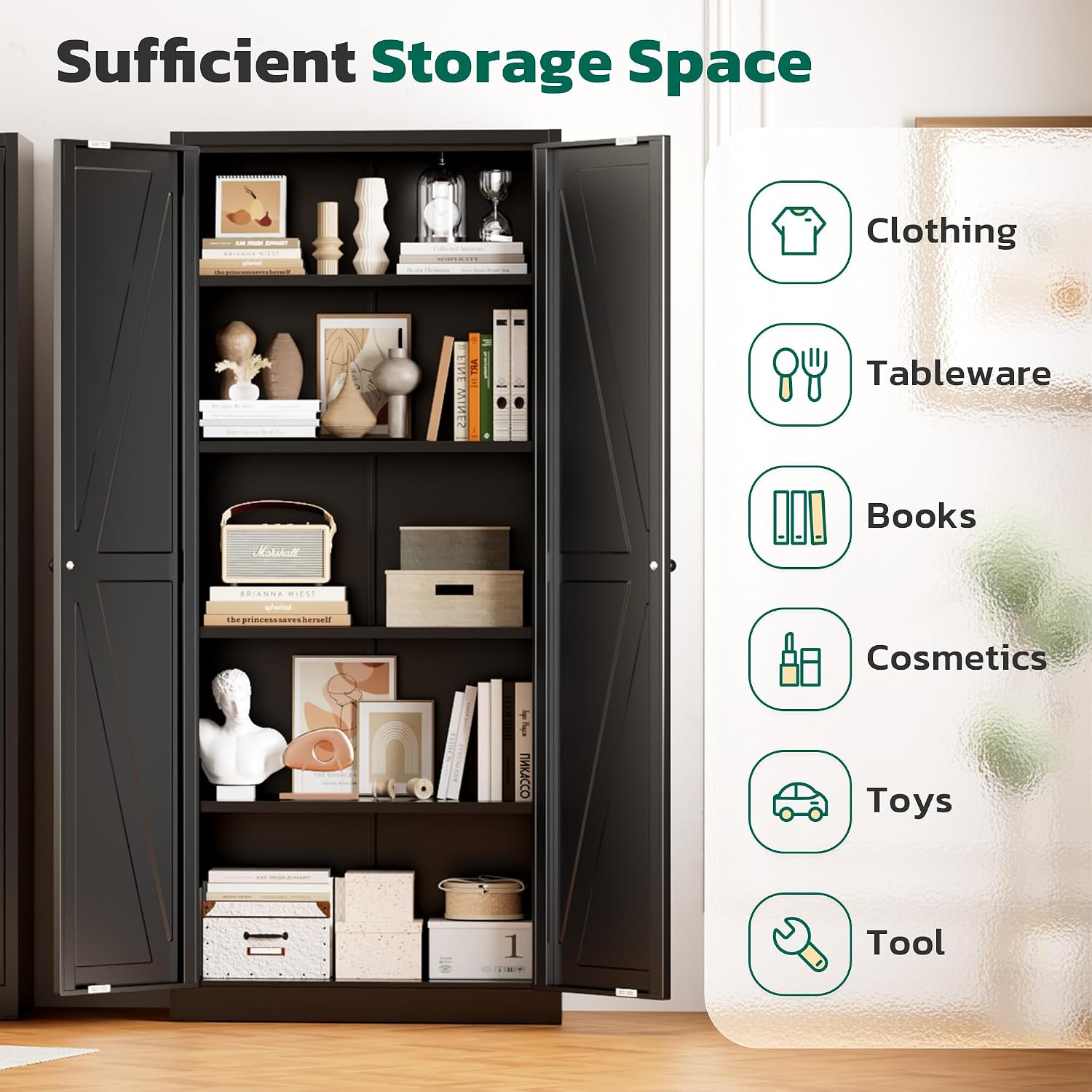 Greenvelly Metal Cabinet, 63' H Black Metal Storage Cabinet with Doors and 4 Shelves, Pantry Storage Cabinet for Kitchen, Bedroom, Living Room, Office (Farmhouse)