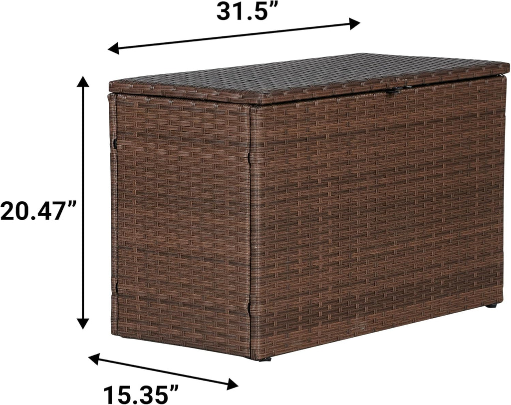 happimess TRK1000B Nino 31.5' Modern Minimalist Outdoor Faux Wicker Deck and Patio Storage Box, Brown, Soft-Close, for Package Delivery, Patio Furniture, Cushions, Gardening Tools, Pool Supplies