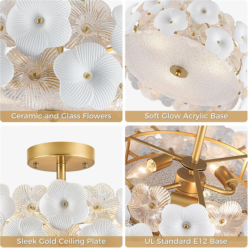 16' Gold Flower Ceiling Light, Glass Semi Flush Mount Ceiling Light, 3-Light Modern Drum Chandelier Ceramic Pendant Lighting for Kitchen, Dining Room, Living Room, Bedroom, Closet, Hallway, Entryway