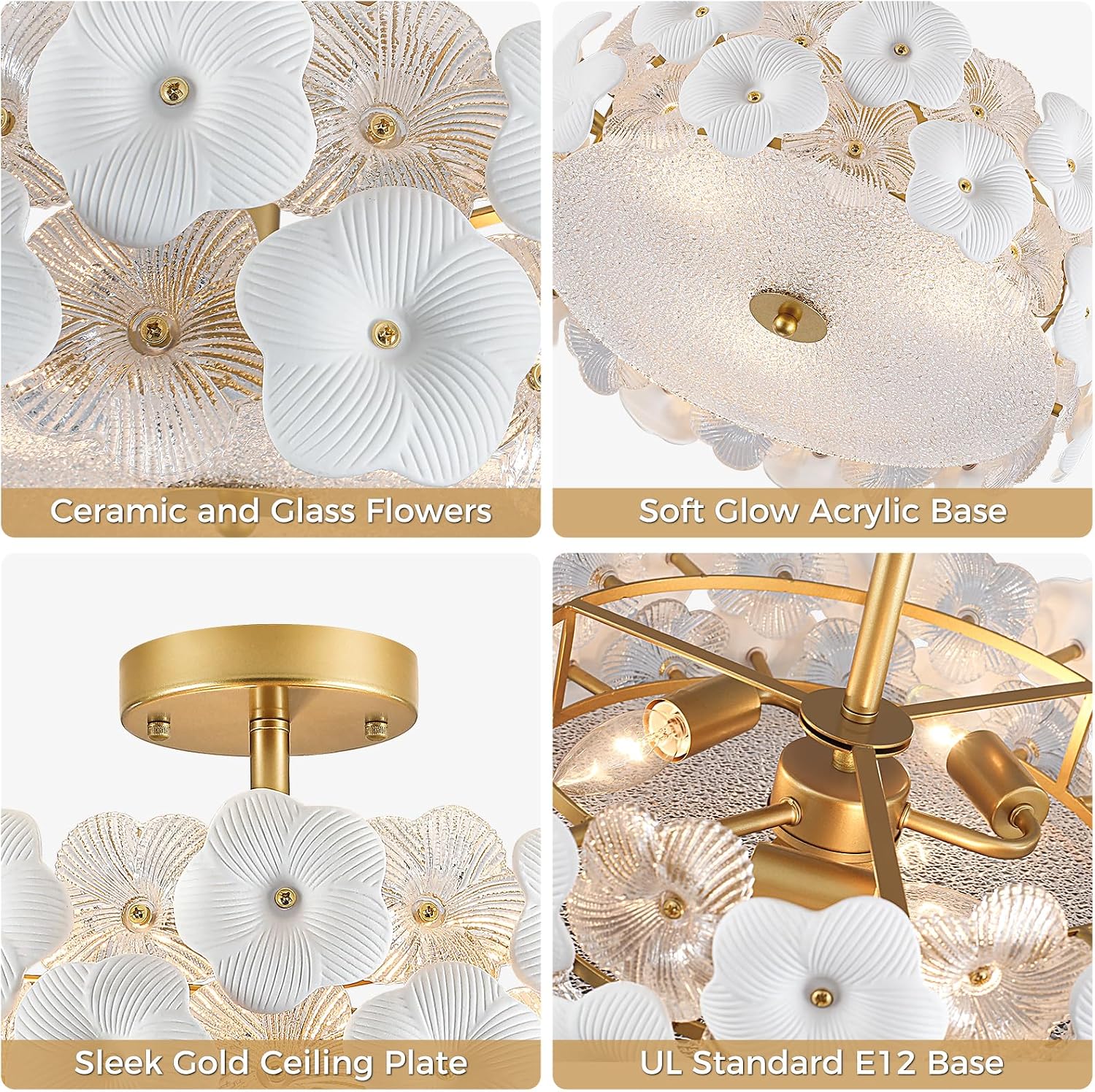 16' Gold Flower Ceiling Light, Glass Semi Flush Mount Ceiling Light, 3-Light Modern Drum Chandelier Ceramic Pendant Lighting for Kitchen, Dining Room, Living Room, Bedroom, Closet, Hallway, Entryway