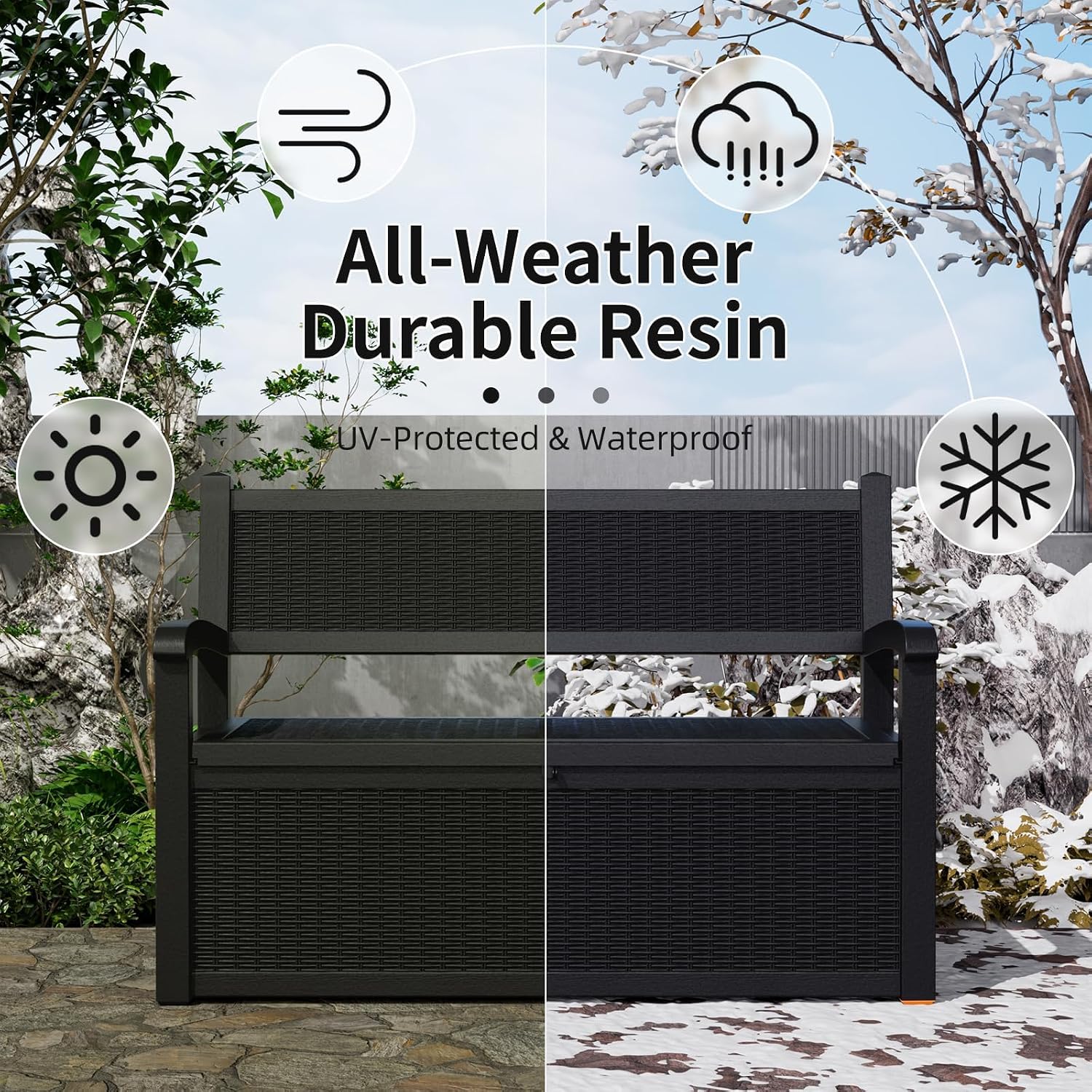 PatioZen 80 Gallon Outdoor Storage Bench Deck Box Waterproof Lockable,Outdoor Storage Furniture for Patio,Garden and Porch,Tools and Cushions（ Black）