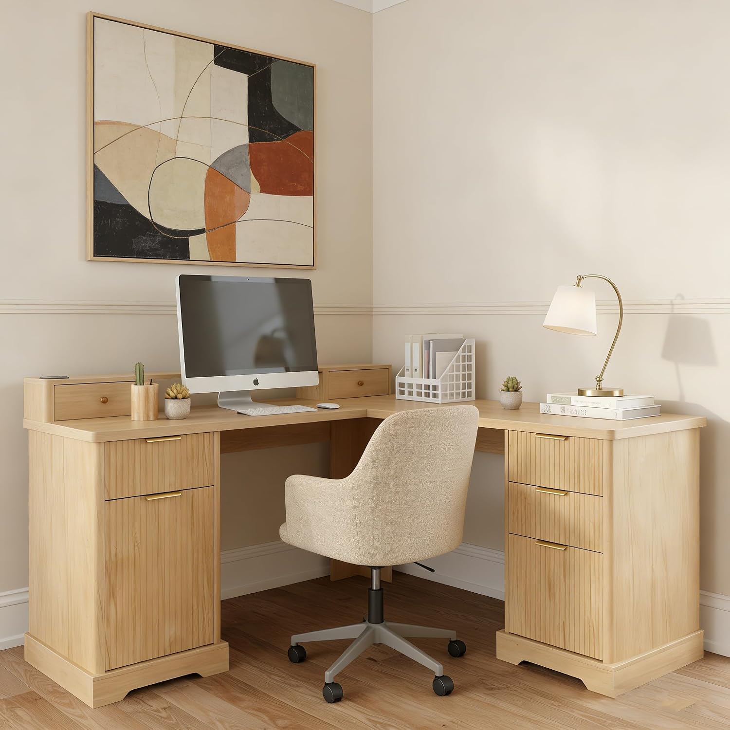 Fluted L Shaped Executive Desk with 6 Drawers & Monitor Stand, Home Office Computer Writing Desk with Power Outlets, File Drawer, Wood Corner Workstation Desk with Storage for Study, Bedroom(Natural)