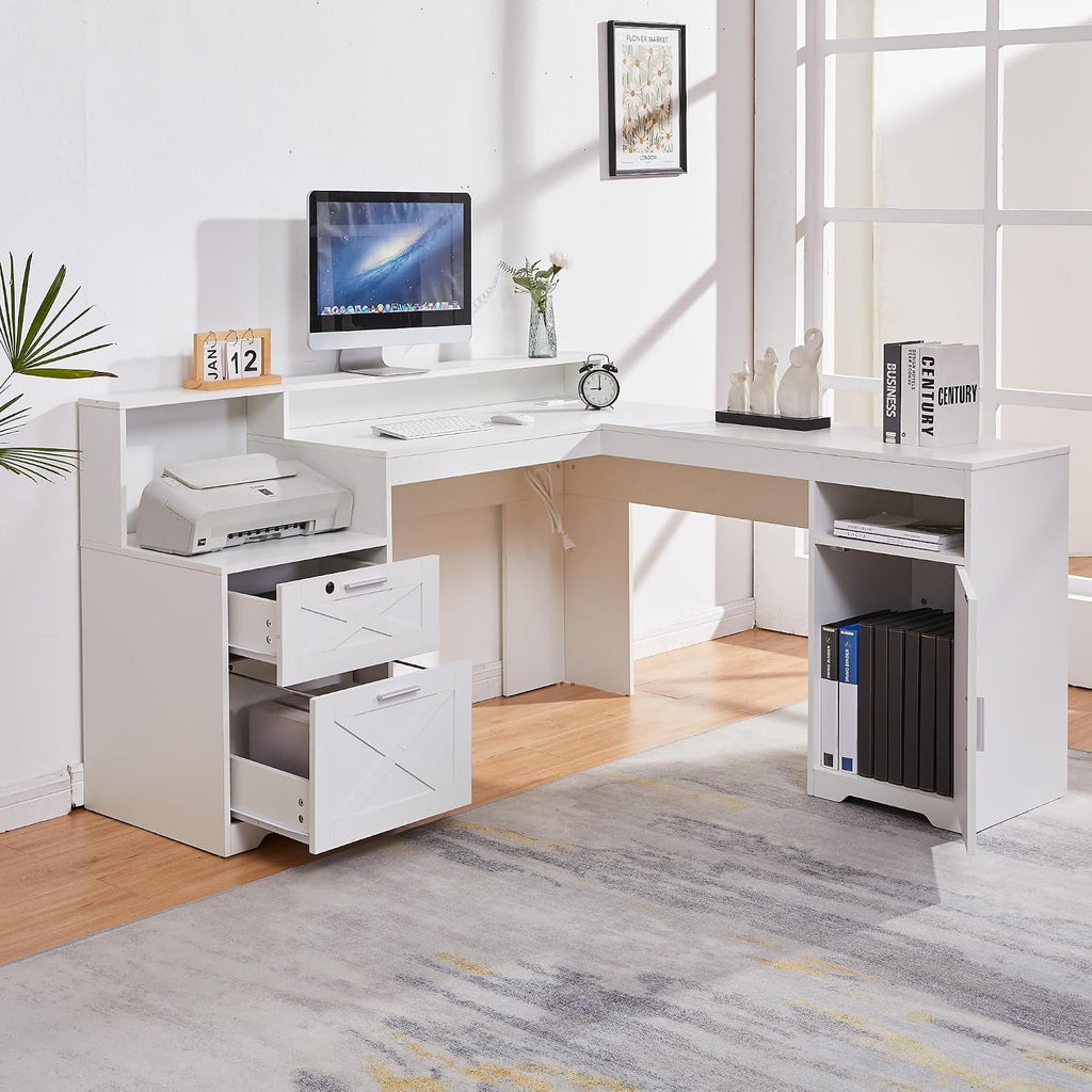 60' L Shaped Executive Desk with Printer Space,Corner Computer Desk with Power Outlets,Lockable Drawers & Adjustable File Cabnet,L Shaped Office Desk with Monitor Stand (White)