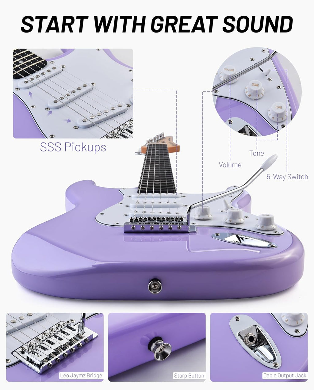 Leo Jaymz Beginner Electric Guitar 39' Kit with Portable Amplifier, Padded Gig Bag, Digital Tuner，Capo，Strap，Picks，Classic SSS Pickups (Lavender)