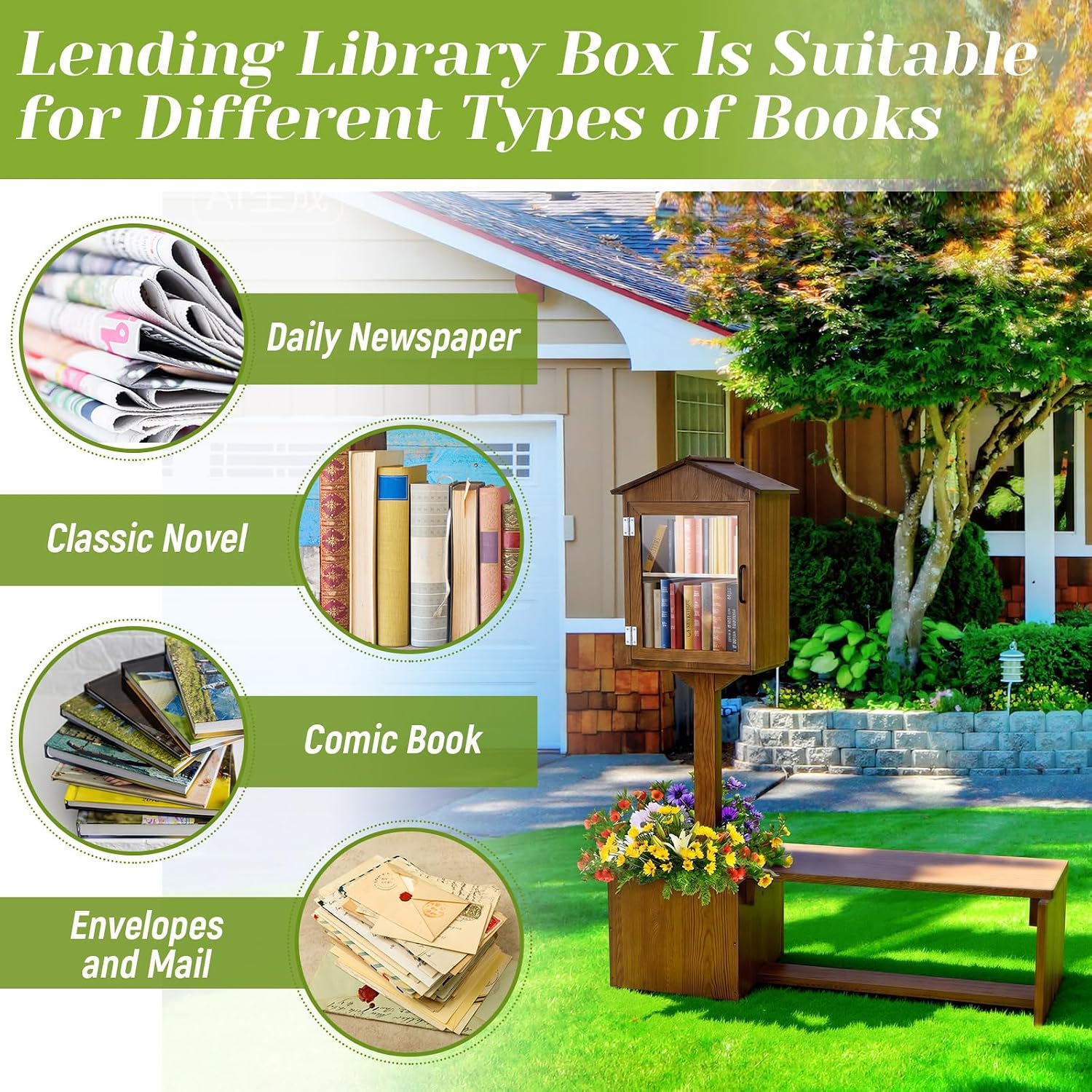 Wonderjune Little Library Box Outdoor with Bench & Planter DIY Paintable Lending free Library Solid Pine Wood Neighborhood Share Box Ground Mount Kit for Yard Garden Community School(Dark Brown)