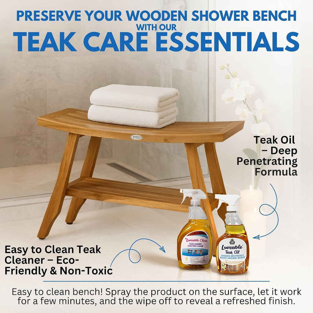 EcoDecors 34 Inch Satori Natural Teak Waterproof Teak Wood Shower Bench Stool Seat Chair For Inside Shower Provides Safety, Storage, and Organization For Bathroom Accessories