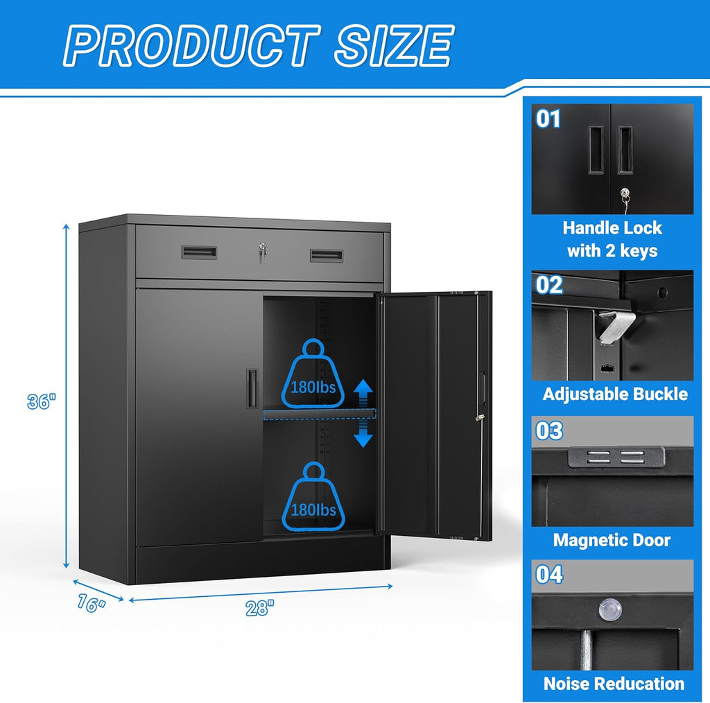 BESFUR Metal Storage Cabinet with Doors and Shelves, 36' H Locking Storage Cabinet with 1 Drawers, Reinforced Heavy Duty Metal Cabinets for Garage, Office, Home(Black)