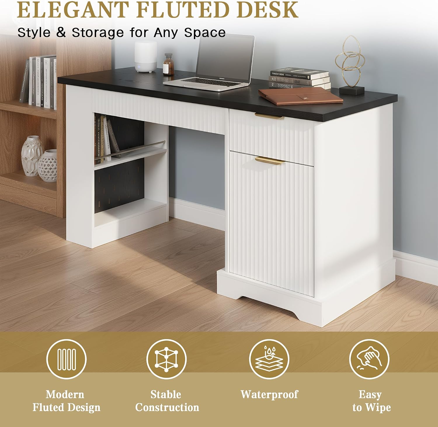 RiteSune 55' Office Desk with USB Charging, Fluted Computer Desk with Pegboard, Convertible Keyboard Tray & Adjustable Storage Cabinet, Modern Home Office Desk
