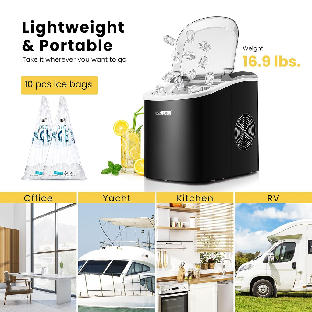 VIVOHOME Electric Portable Compact Countertop Automatic Ice Cube Maker Machine with Hand Scoop 10 Ice Bags and Self Cleaning Function 27lbs/Day Black