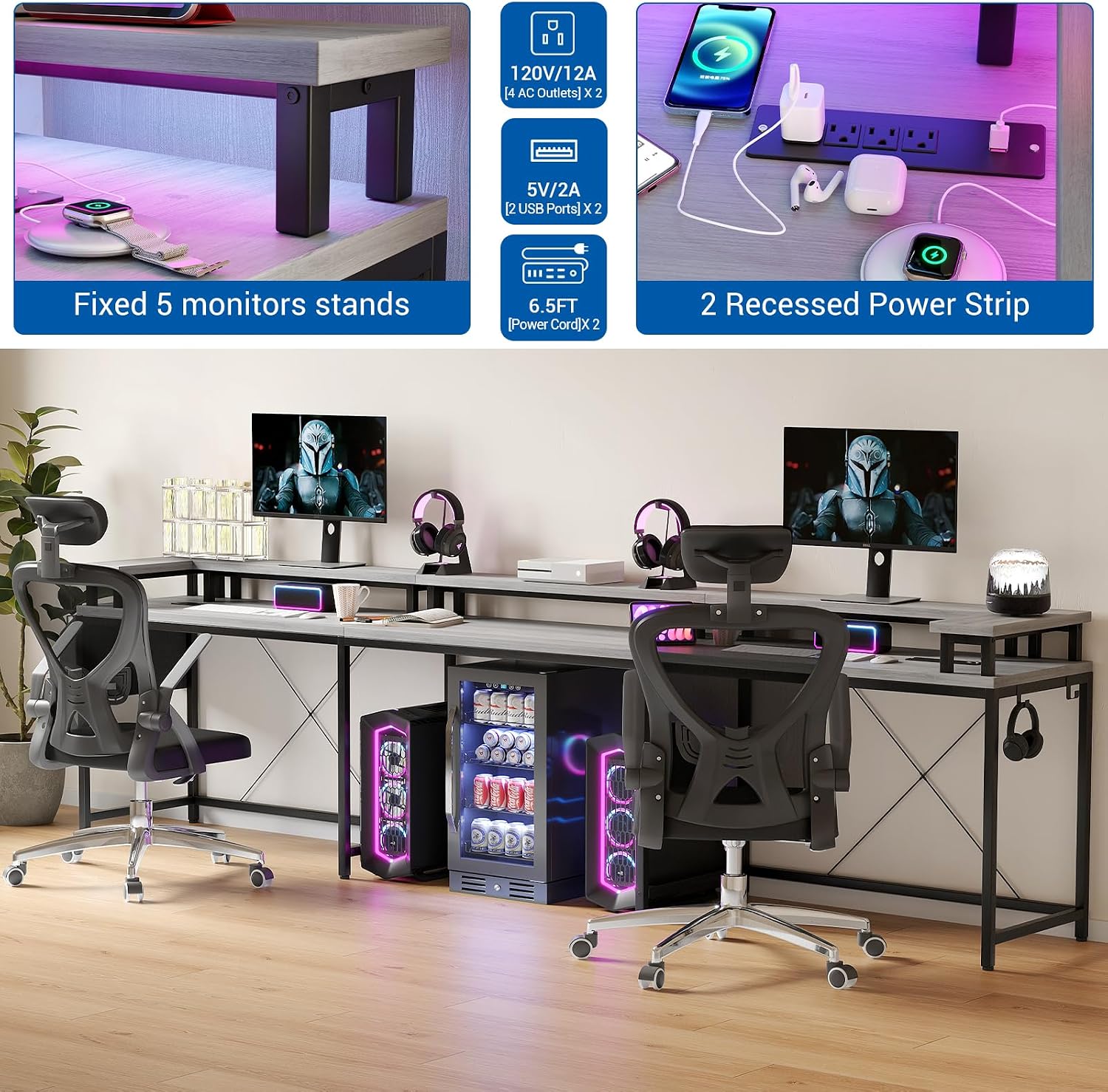 U Shaped Gaming Desk, 79' Reversible U Shaped Desk with Power Outlets, LED Lights, Monitor Stand & Storage Shelves, Corner Office Desk for Home Office, Gaming, Workstation (Grey Oak)
