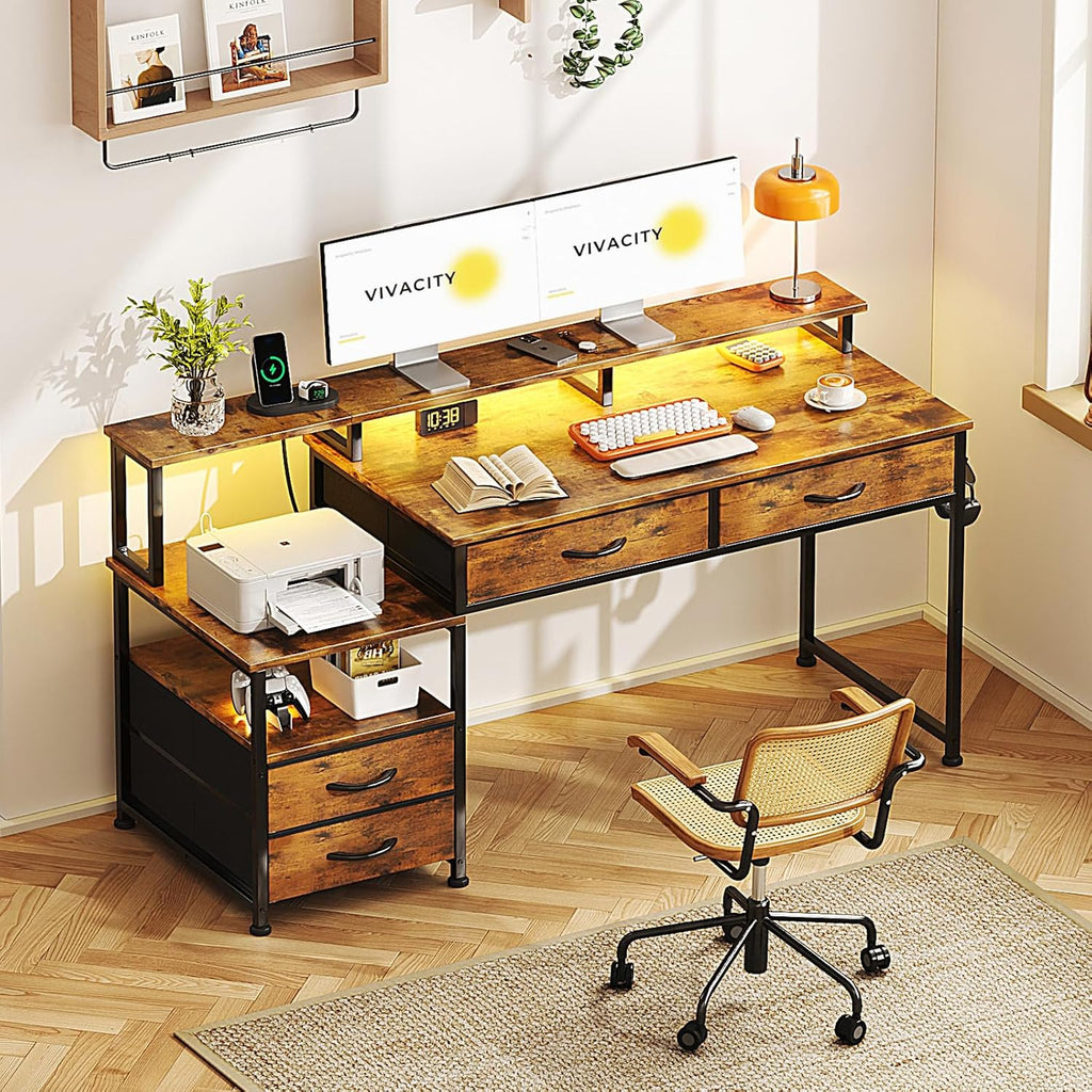 53' Computer Desk with 4 Drawers & Power Outlets, Reversible Home Office Desk with Monitor Stand & Printer Stand, Gaming Desks with Led Lights, Study Writing Work Desks Table for Bedroom, Vintage
