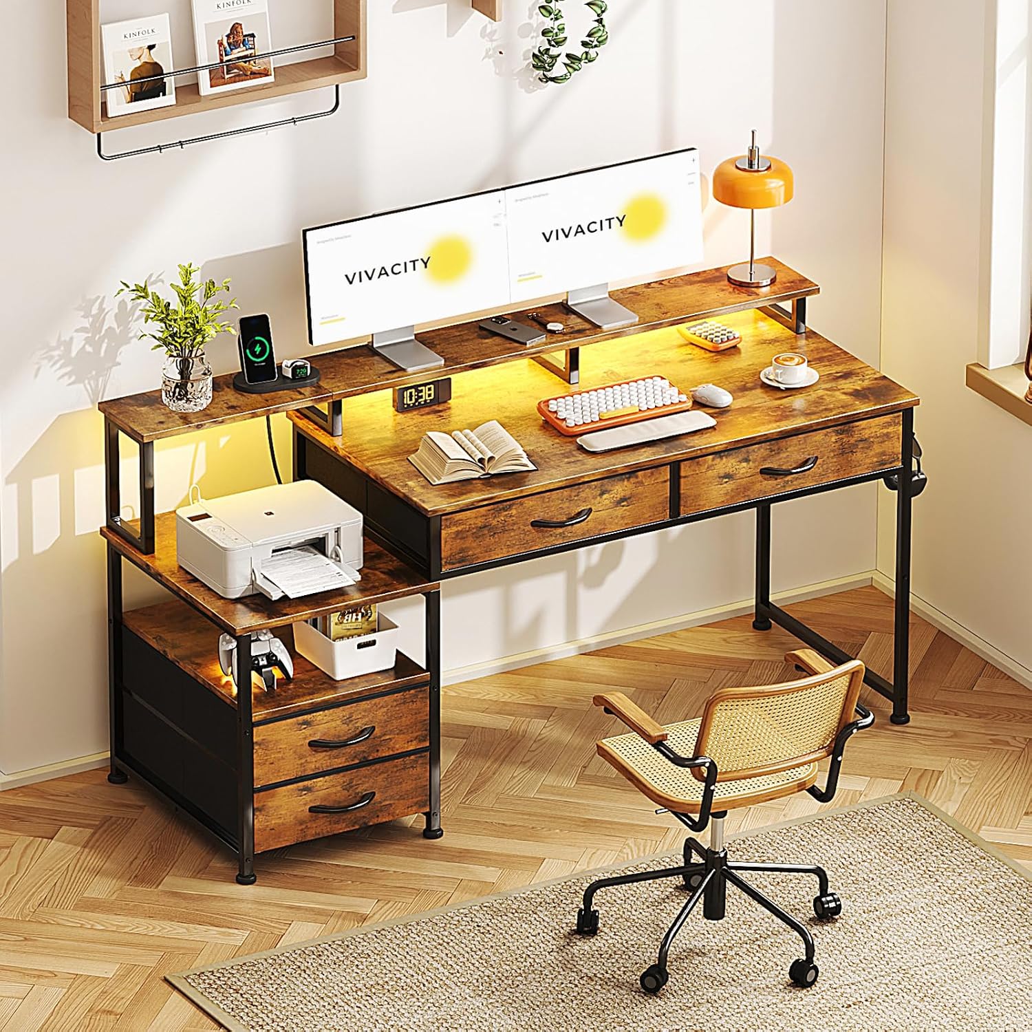 53' Computer Desk with 4 Drawers & Power Outlets, Reversible Home Office Desk with Monitor Stand & Printer Stand, Gaming Desks with Led Lights, Study Writing Work Desks Table for Bedroom, Vintage