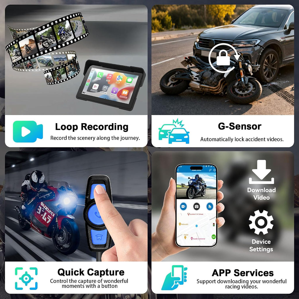 Wireless Motorcycle Apple Carplay & Android Auto,7 Inch Touchscreen with AHD Dual Cam,Siri & Google Assistant, Looping Recording/BSD/Bluetooth 5.2/ GPS/Remote Control/TMPS /IP69K Waterproof /128GB