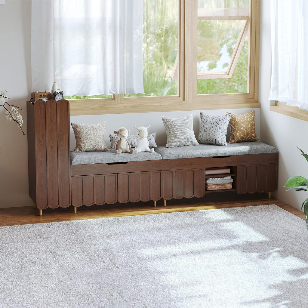 3More 40' Entryway Shoe Storage Bench,Upholstered Hidden Space Beneath Seat Cushion Bench,2-Tier Unique Geometric Shape with Wood Grain,Walnut