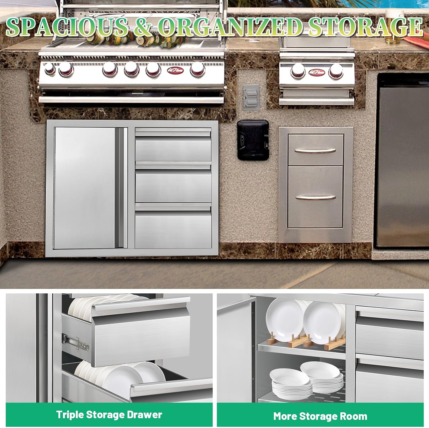 Outdoor Kitchen Drawer Combo Cabinet Stainless Steel Triple Drawers & Access Doors, 28' W x 22' H x 19.5' D, Built-in BBQ Island Cabinet for Outdoor Grill Station (Drawer and Left Door Combo)