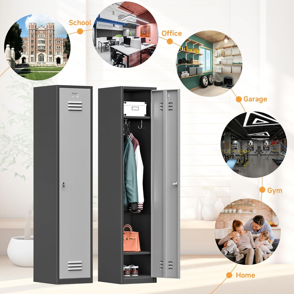 Bestoo Metal Armoire Wardrobe Closet with Locking Doors 71' Tall Narrow Steel Locking Storage Cabinet with 1 Lockable Door and Hooks for Employees, Gym, School, Home and Office (Black Gray)