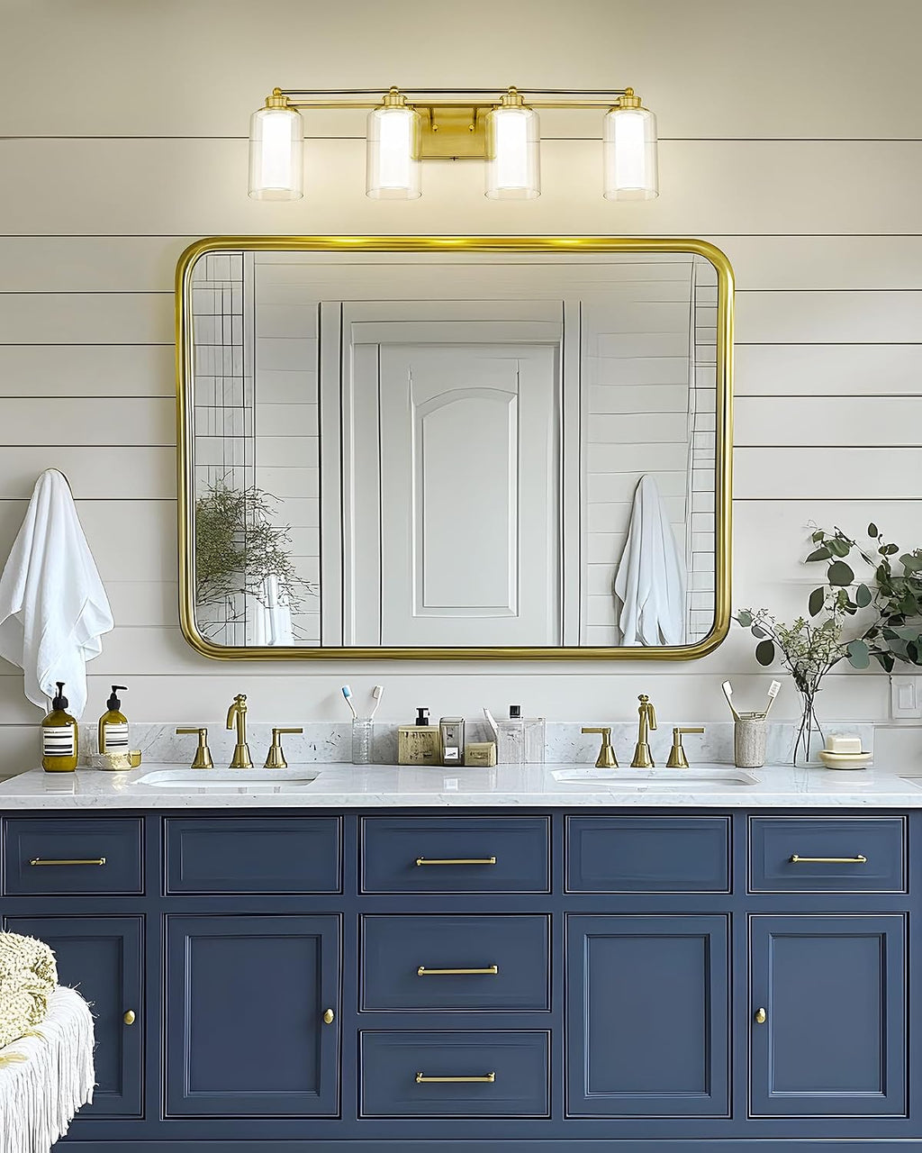 4 Light Bathroom Vanity Light, HWH Brushed Gold Vanity Lights for Bathroom, Brass Gold Wall Light Fixtures Clear Glass, Dimmable LED Vanity Lights for Mirror 24W 5CCT, 5HLT63B-4W-LED BG