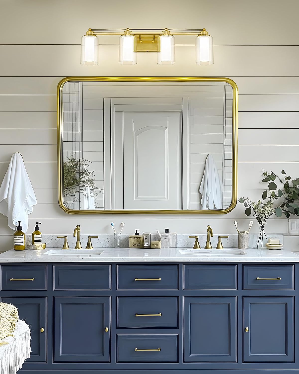 4 Light Bathroom Vanity Light, HWH Brushed Gold Vanity Lights for Bathroom, Brass Gold Wall Light Fixtures Clear Glass, Dimmable LED Vanity Lights for Mirror 24W 5CCT, 5HLT63B-4W-LED BG