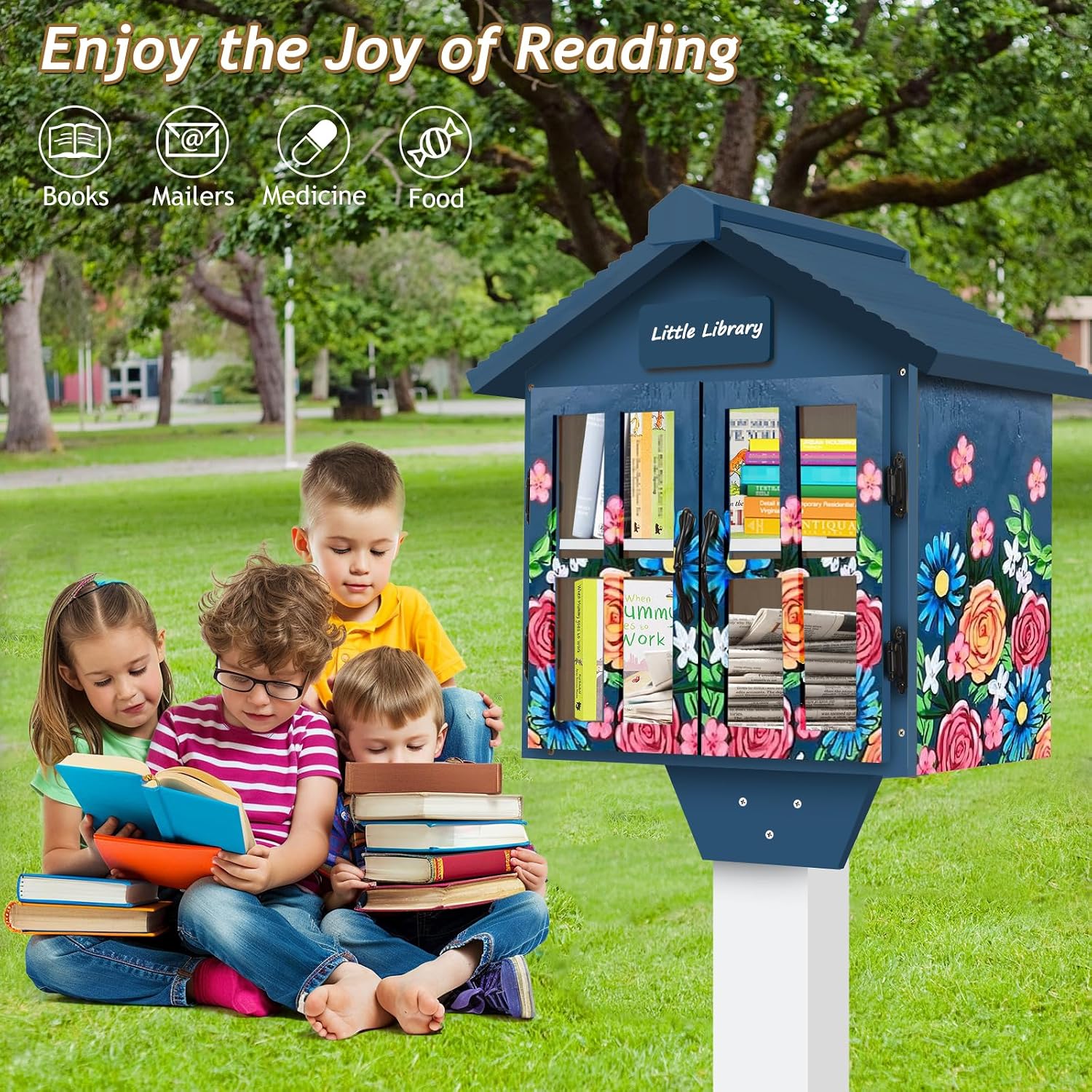 Little Library Box Outdoor Free Library Kit, Updated Double Doors Literature Little Library Box, Wood Cabinet Book Storage for DIY Nameplate, Neighborhoods, Community, Schools Sharing Books