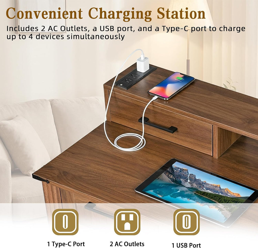59.5' Farmhouse Office Desk with USB Charging Station, Fixed Monitor Stand with Drawers, Convertible Keyboard Tray & File Cabinet, Home Computer Workstation with Large Storage