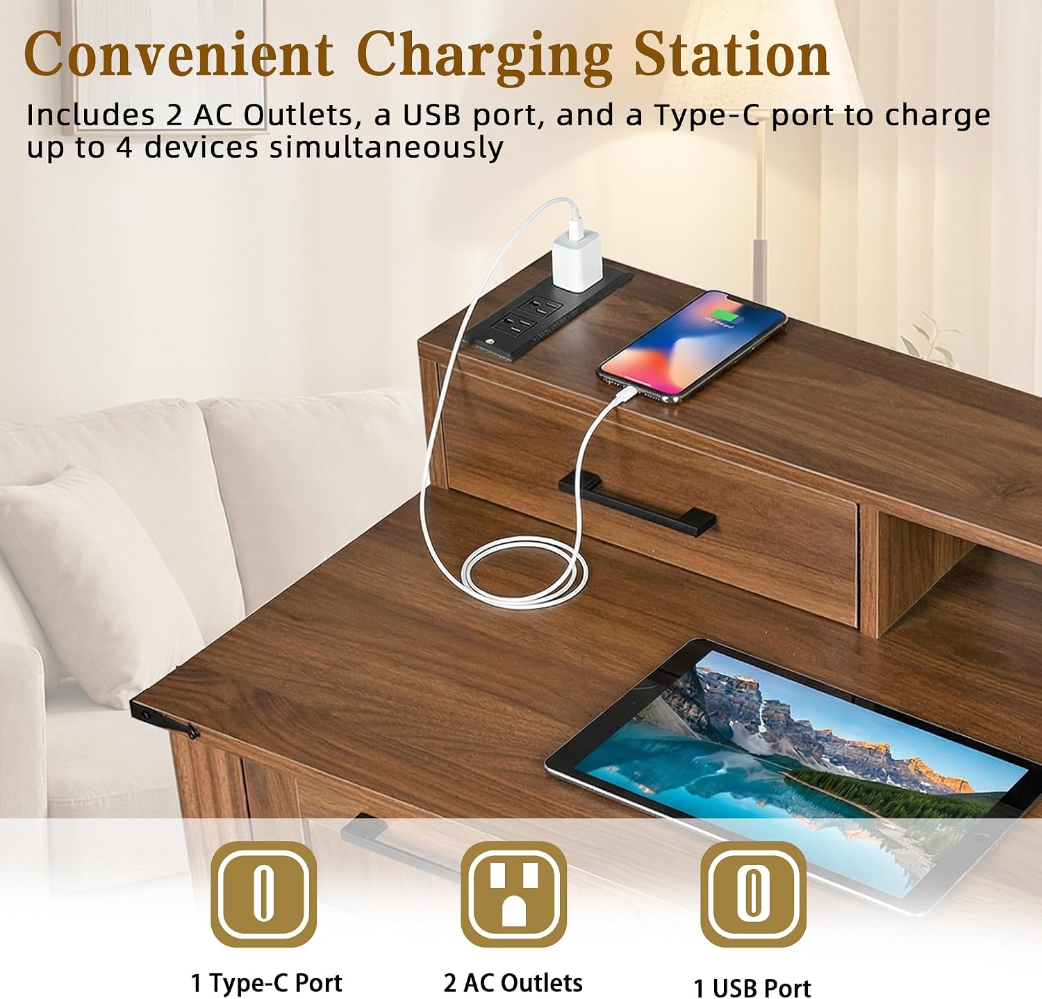 59.5' Farmhouse Office Desk with USB Charging Station, Fixed Monitor Stand with Drawers, Convertible Keyboard Tray & File Cabinet, Home Computer Workstation with Large Storage