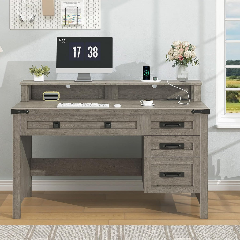 YOMILUVE Farmhouse Computer Desk with Drawers, 47' Small Computer Desk with Power Outlets, Home Office Desk with Monitor Stand & 4 Drawers, Writing Study Table, Grey