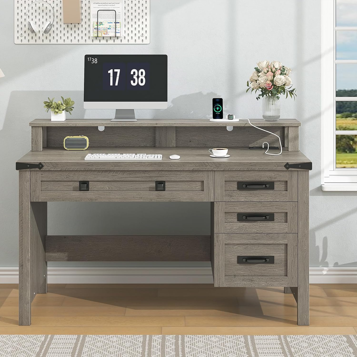 YOMILUVE Farmhouse Computer Desk with Drawers, 47' Small Computer Desk with Power Outlets, Home Office Desk with Monitor Stand & 4 Drawers, Writing Study Table, Grey