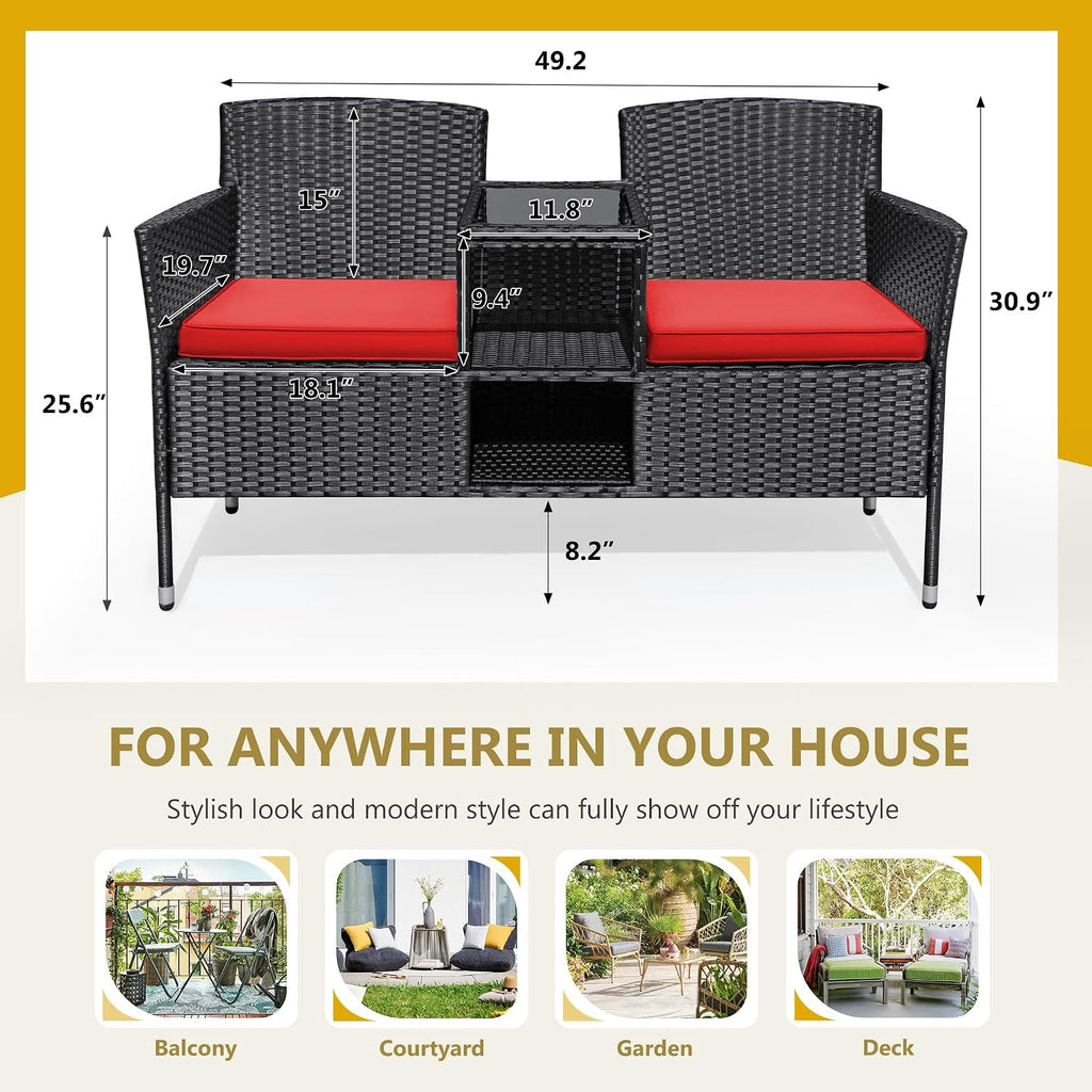 Flamaker Outdoor Furniture Patio Loveseat Wicker 2-Seat with Built-in Table and Cushions Rattan Porch Chairs Bench for Balcony, Lawn, Backyard (Red)