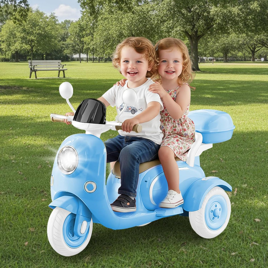 HEIMILI 12V 2-Seater Ride on Motorcycle for Kids, 3 Wheel Electric Motorbike with Dual 25W Motors, Toddler Moped Scooter with Bluetooth Music, Battery Powered Toy for Girls Boys 3-6 Years, Blue