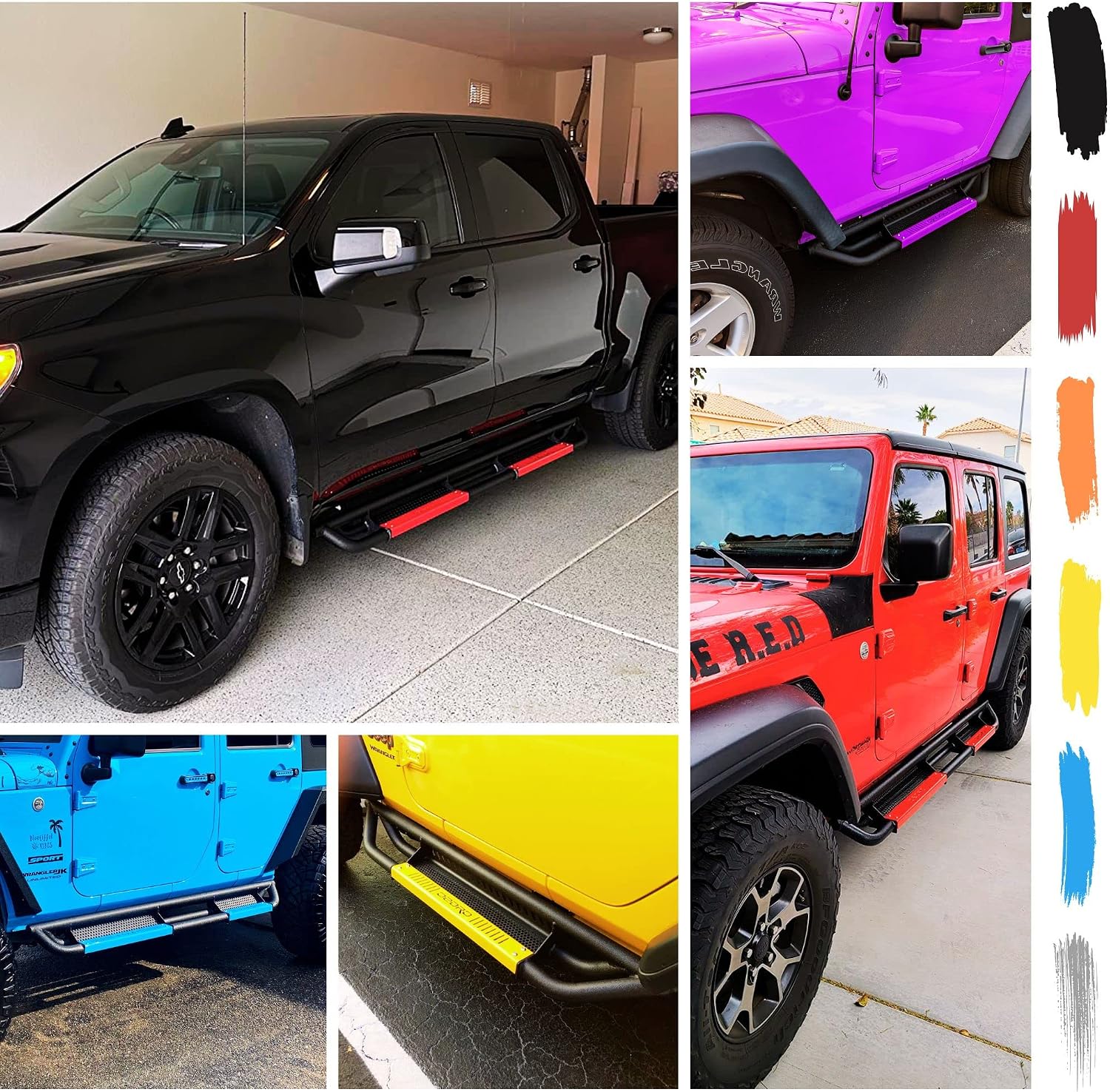 OEDRO 6 inch All Steel Running Boards Compatible with 2005-2023 Toyota Tacoma Double Cab, Bolt-on Side Steps with Paintable Step Plates, Powder Coated Black and High Gloss Red Nerf Bar