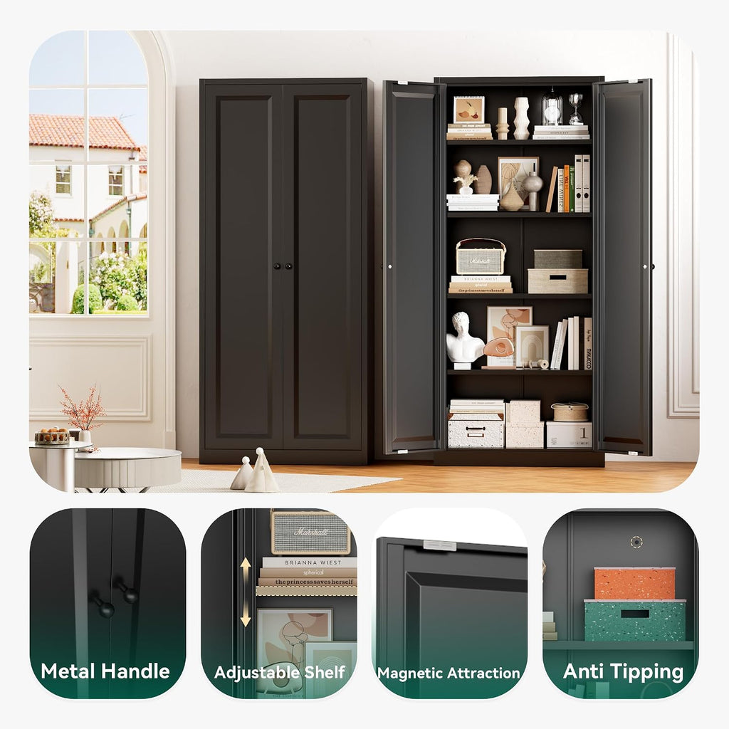 Greenvelly Metal Cabinet, 63' H Black Metal Storage Cabinet with Doors and 4 Shelves, Pantry Storage Cabinet for Kitchen, Bedroom, Living Room, Office (Modern)