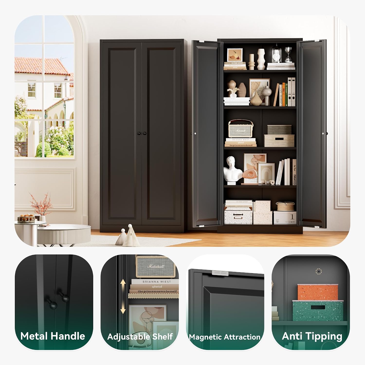 Greenvelly Metal Cabinet, 63' H Black Metal Storage Cabinet with Doors and 4 Shelves, Pantry Storage Cabinet for Kitchen, Bedroom, Living Room, Office (Modern)
