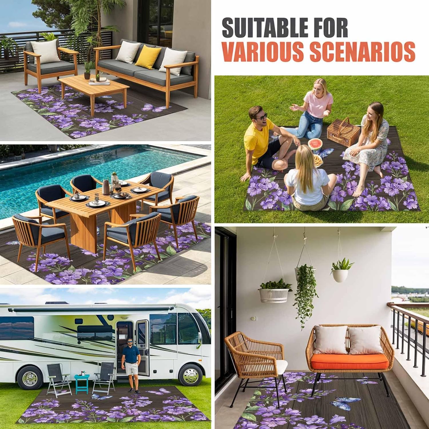 Purple Flowers Outdoor Rug for Patio/Deck/Porch, Non-Slip Large Area Rug 4 x 6 Ft, Butterfly Spring Floral Wooden Farmhouse Indoor Outdoor Rugs Washable Area Rugs, Reversible Camping Rug Carpet Runner