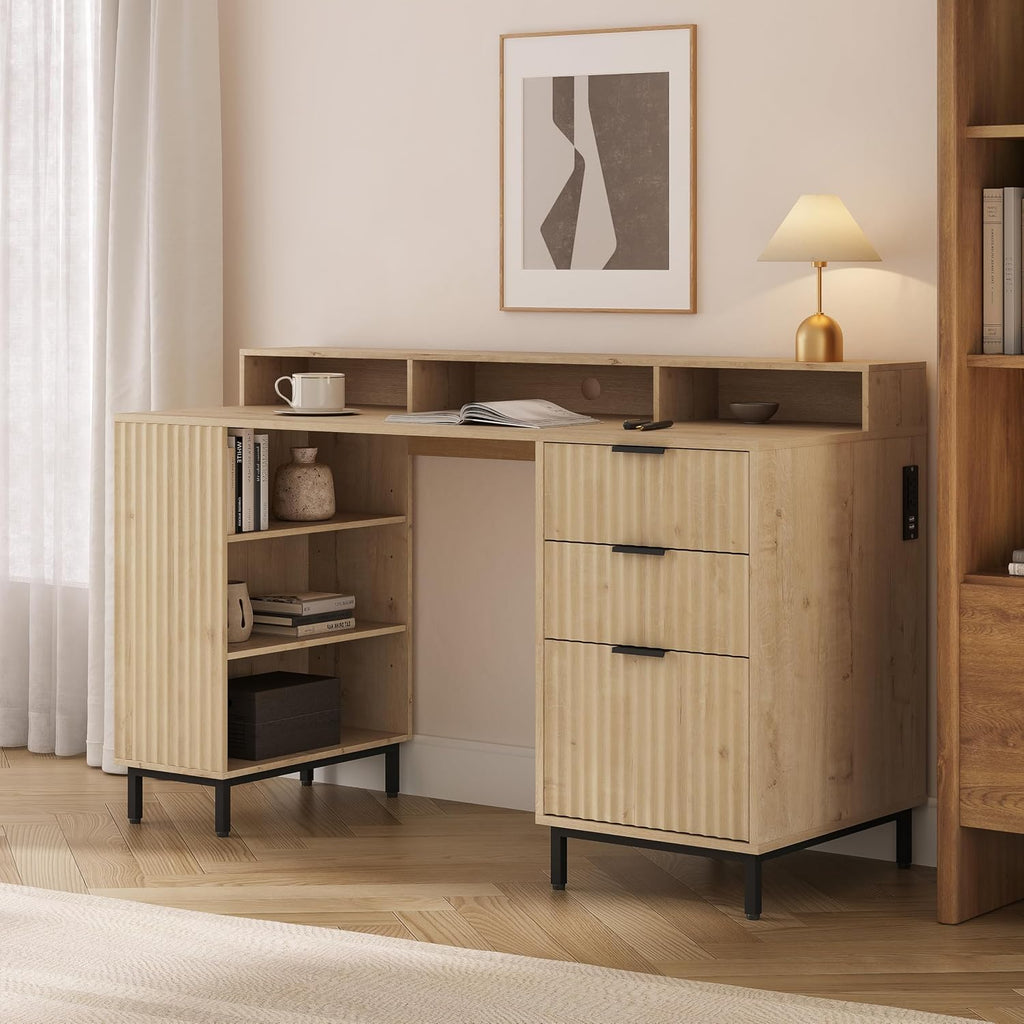 55'' Fluted Executive Desk with Drawers, Modern Home Office Computer Desk with Charging Station, File Drawer, Monitor Stand, Storage Shelf for Work Writing Study, Light Oak