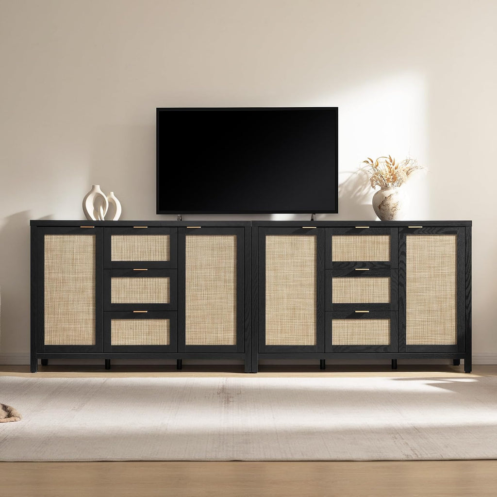 SICOTAS Rattan Large Sideboard Buffet Cabinet with Storage - Farmhouse Boho Coffee Bar Storage Cabinet with 3 Drawers and 2 Doors, Tall Credenza for Living Room, Kitchen, Hallway, Black Oak (2 Pieces)