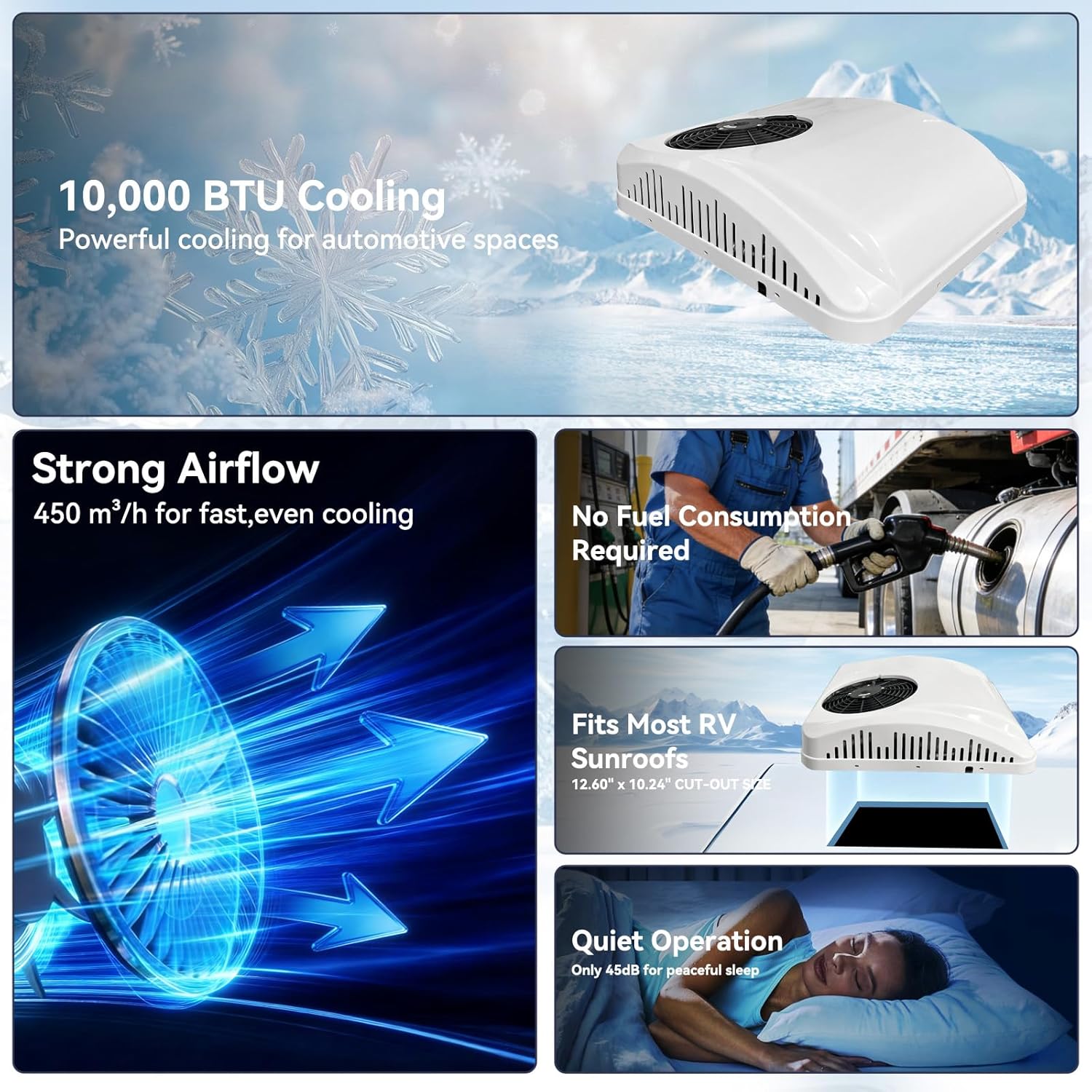Treeligo 12V 10000BTU RV Rooftop Air Conditioner, Ultra-Quiet Heating & Cooling DC AC Kit Fit for Motorhome, Truck, Campers, Campervan & Caravan