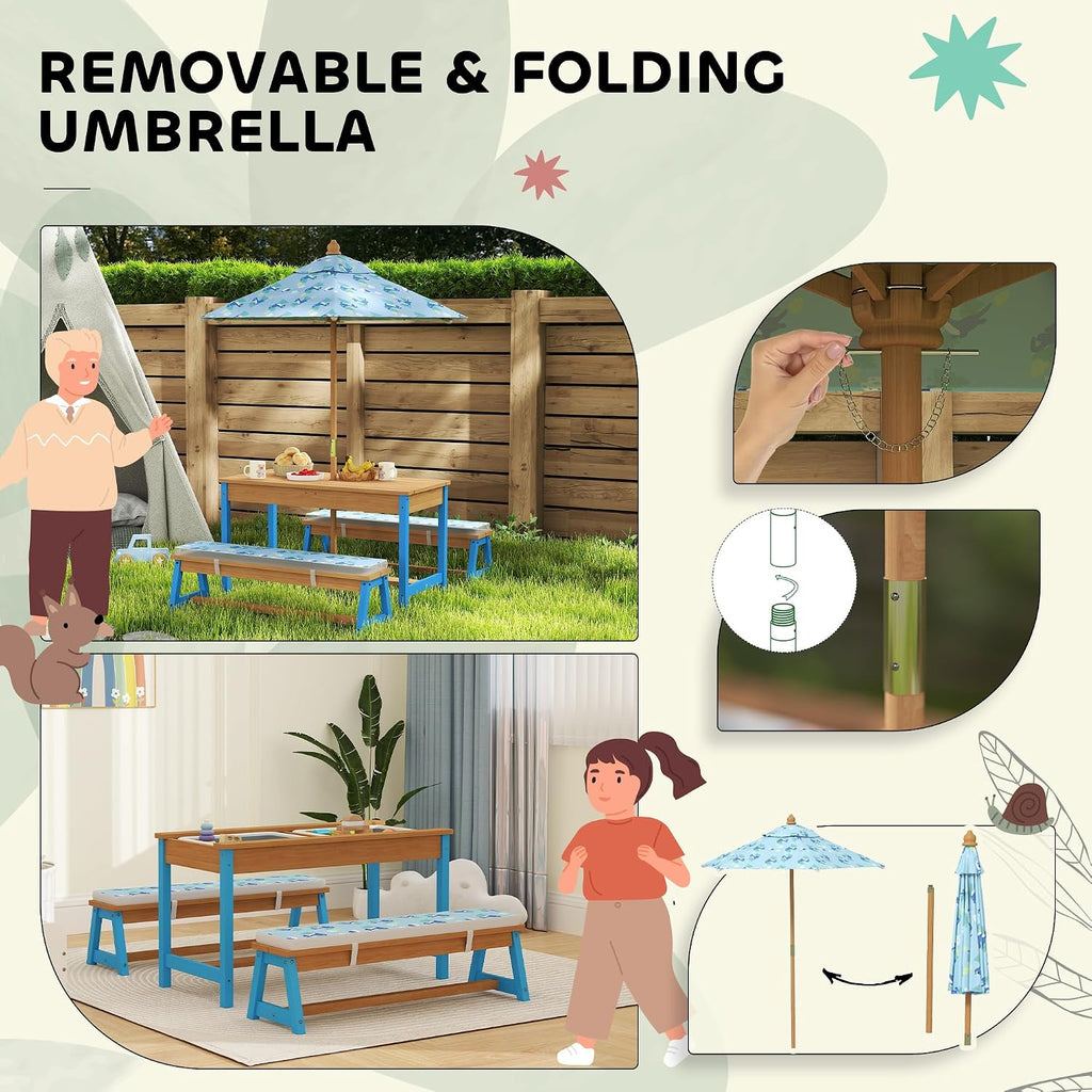 Qaba Kids Picnic Table, Wooden Table and Bench Set with Foldable Umbrella, Removable Cushions & Boxes, Dinosaur Theme Children Activity Table Outdoor Furniture for Patio, Blue