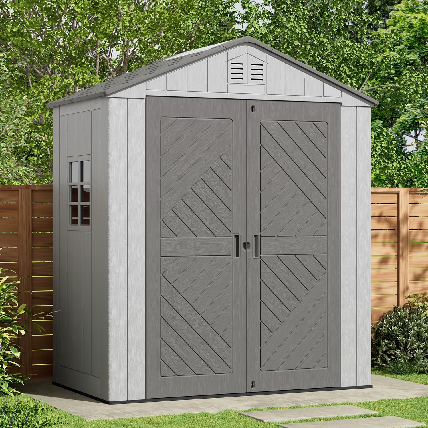 KINYING 6x4 FT Outdoor Storage Shed,Resin Clearance Outdoor Sheds with Floor,Weather Resistant Garden Tool Shed for Lawn Mower/Bike Storage/Pool Supplies,Lockable