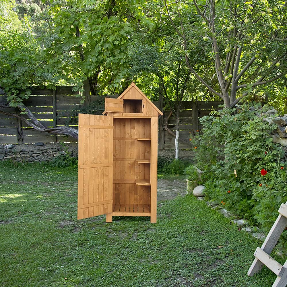 Outvita Outdoor Storage Cabinet, 70in Wooden Vertical Garden Tools Shed, Patio Storage Organizer with Latch & Waterproof Roof for Yard Deck Lawn Equipment, Natural